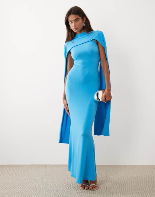 ASOS DESIGN - Vestido largo azul ceñido sin mangas con detalle de capa extralarga, 2 de 4
