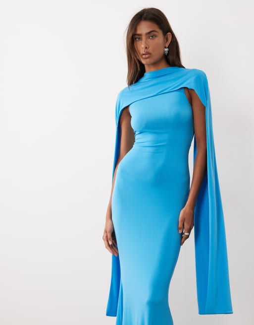 ASOS DESIGN - Vestido largo azul ceñido sin mangas con detalle de capa extralarga, 3 de 4