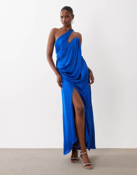 ASOS DESIGN - Vestido largo azul cobalto asimétrico y drapeado de satén - view 1
