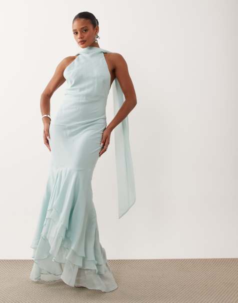 ASOS DESIGN - Vestido largo azul con cuello halter, detalle de fular y volantes en el bajo - view 1