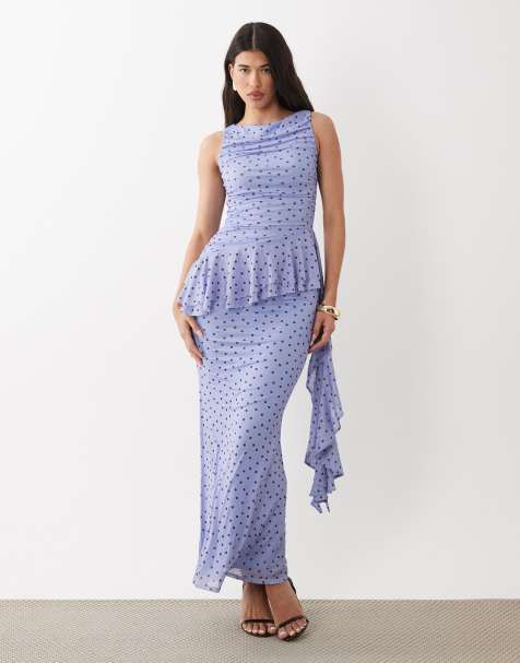 ASOS DESIGN - Vestido largo azul con estampado de lunares, detalle fruncido y volantes de malla - view 1