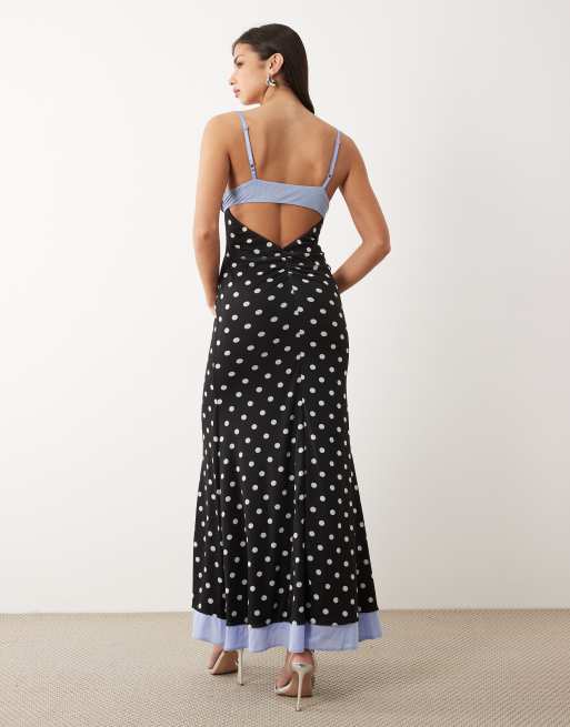 ASOS DESIGN - Vestido largo azul de tirantes con estampado de lunares de malla, 3 de 4