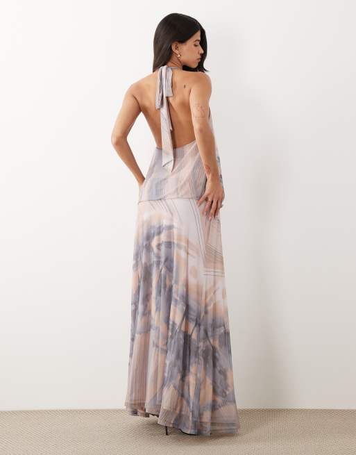 ASOS DESIGN - Vestido largo azul drapeado con cuello alto y diseño estampado de malla, 4 de 4