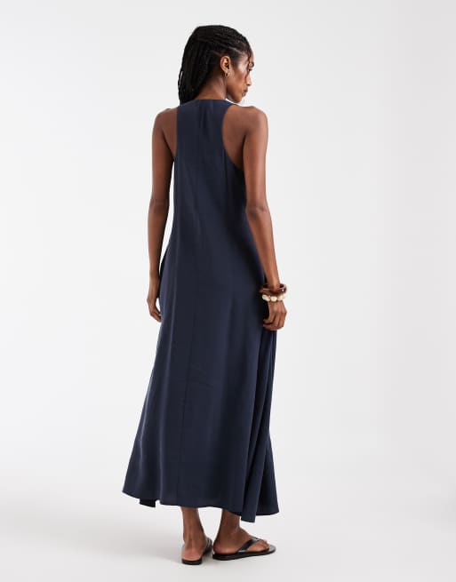 ASOS DESIGN - Vestido largo azul marino de corte recto sin mangas con cuello de pico, 3 de 4