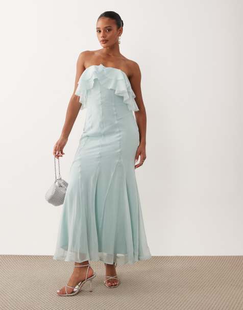 ASOS DESIGN - Vestido largo azul pálido con escote palabra de honor y bajo de godets - view 1