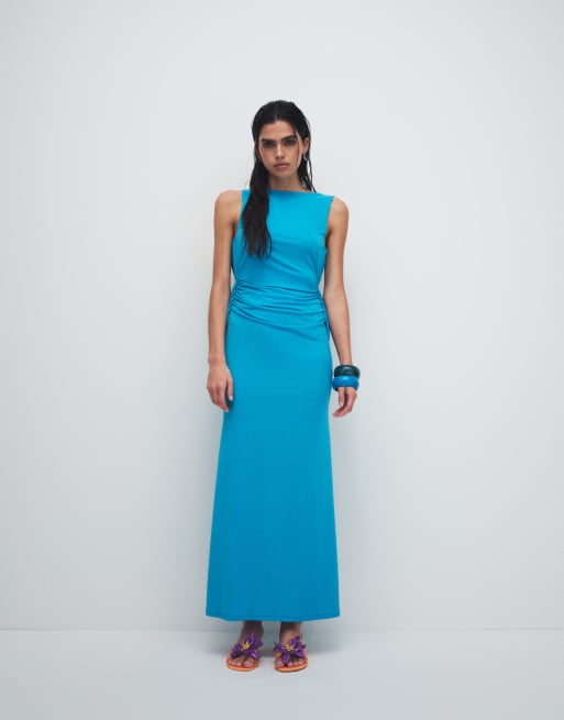 ASOS DESIGN - Vestido largo azul turquesa ceñido con detalle anudado drapeado en la espalda, 3 de 8