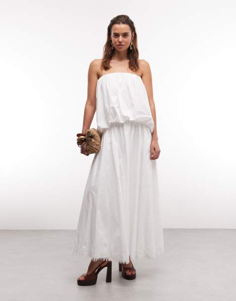 ASOS DESIGN - Vestido largo blanco de popelina con escote palabra de honor y bajo bordado de encaje - view 1