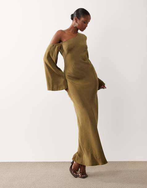 ASOS DESIGN - Vestido largo caqui marrón de corte recto y manga larga con hombro caído - view 1