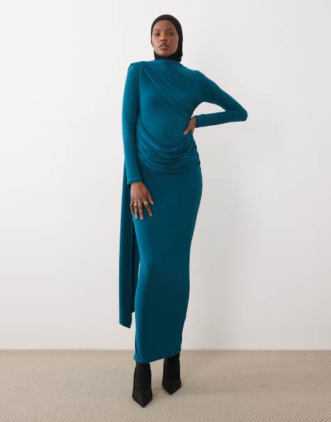 ASOS DESIGN - Vestido largo color cerceta ceñido drapeado de manga larga - view 1