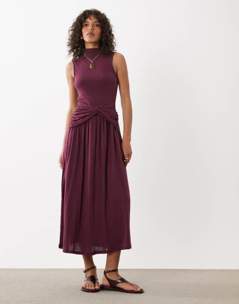 ASOS DESIGN - Vestido largo color ciruela con cuello alzado y detalle retorcido en la cintura - view 1