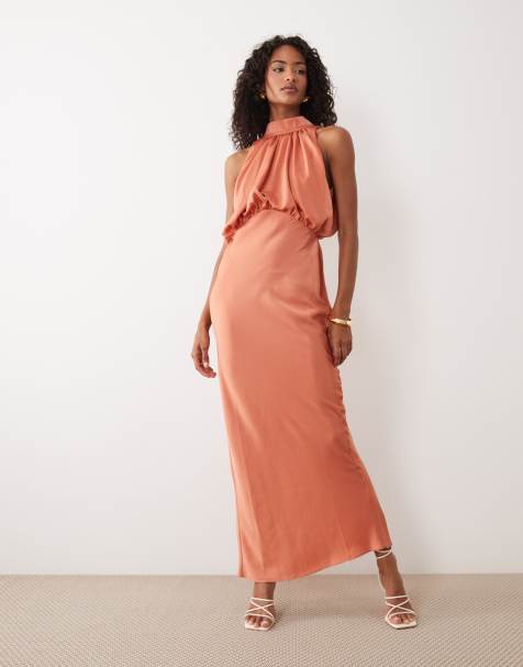 ASOS DESIGN - Vestido largo color cobre estilo blusón con cuello halter de satén - view 1