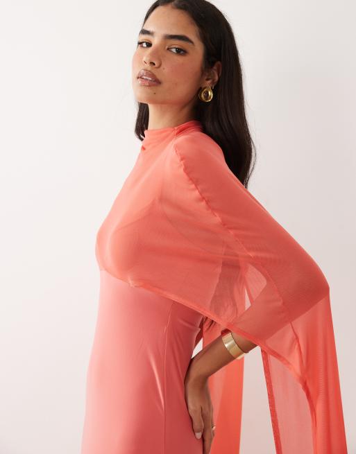 ASOS DESIGN - Vestido largo color coral con capa extragrande, 3 de 4
