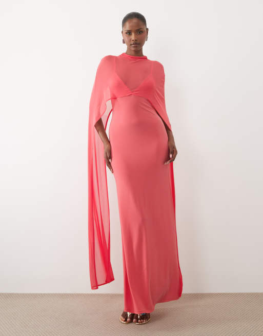 ASOS DESIGN - Vestido largo color coral con capa extragrande