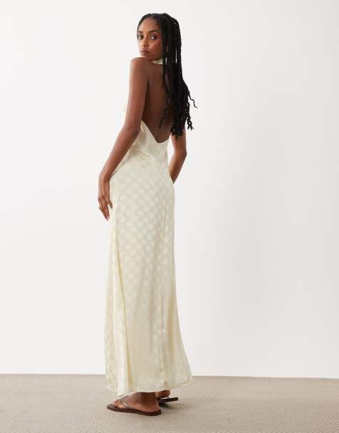 ASOS DESIGN - Vestido largo color crema con estampado de lunares opacos y cuello halter subido de chifón - view 1