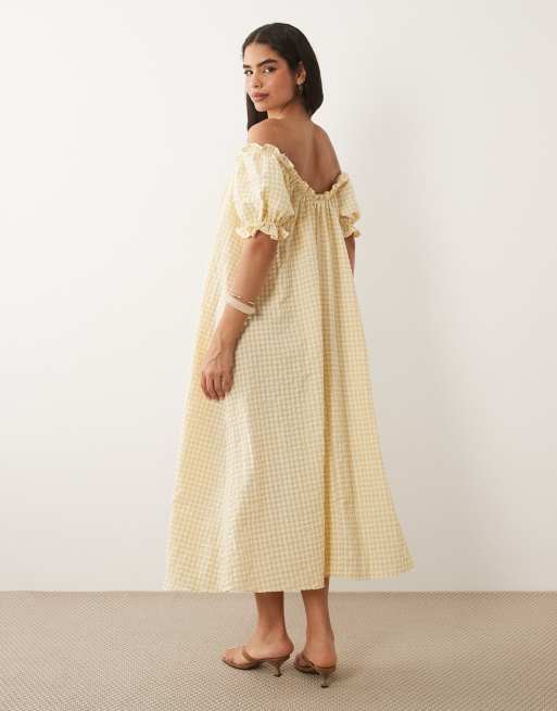 ASOS DESIGN - Vestido largo color crema con manga abullonada a cuadros vichy, 3 de 4