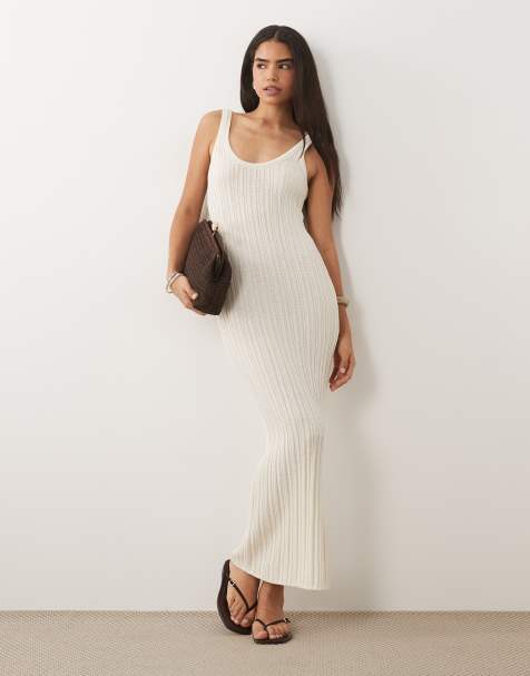 ASOS DESIGN - Vestido largo color crudo de punto enrejado calado - view 1