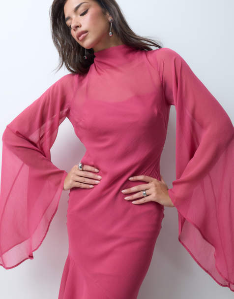 ASOS DESIGN vestido largo con mangas acampanadas y bajo asimétrico con volante en frambuesa - view 1