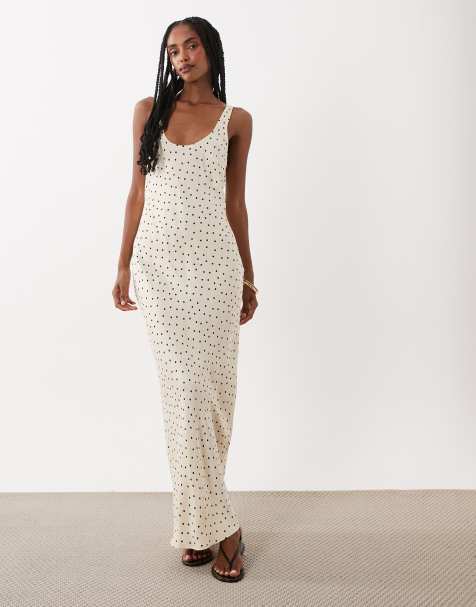 ASOS DESIGN - Vestido largo de corte al bies con estampado de lunares y cuello ancho de satén - view 1