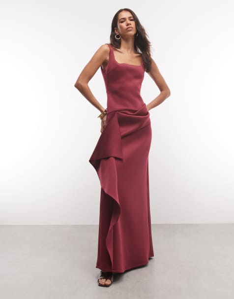 ASOS DESIGN vestido largo de cuello cuadrado con detalle de falda recogida en tejido estilo neopreno burdeos - view 1
