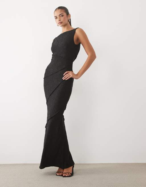 ASOS DESIGN vestido largo de devoré con costuras sin rematar y espalda drapeada en negro, 2 de 4