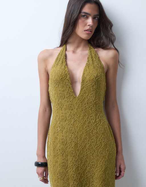 ASOS DESIGN vestido largo de encaje con escote profundo en V en verde oliva, 3 de 5