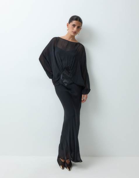 ASOS DESIGN vestido largo de gasa con manga murciélago y panel satinado en negro - view 1