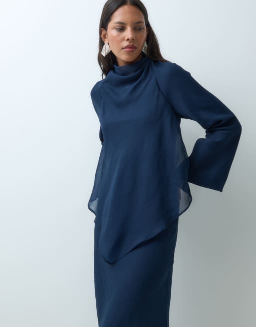 ASOS DESIGN vestido largo de manga larga de doble capa en azul marino oscuro, 3 de 5