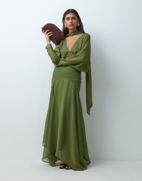 ASOS DESIGN vestido largo de manga murciélago con falda amplia asimétrica y pañuelo en verde oliva - view 1