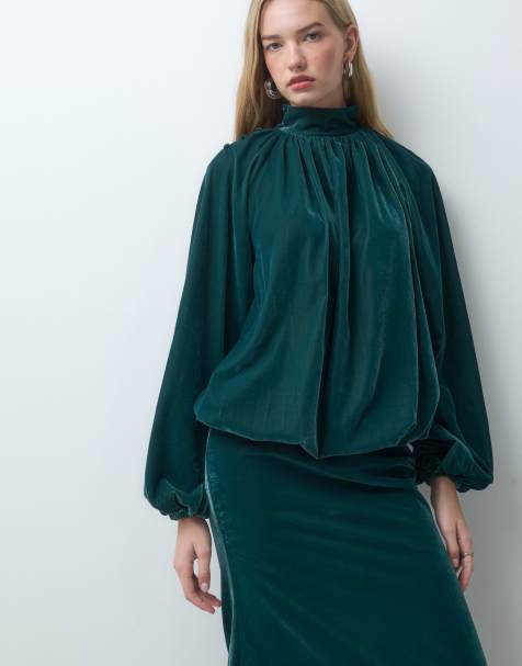 ASOS DESIGN vestido largo de terciopelo con cuello alto en verde azulado - view 1