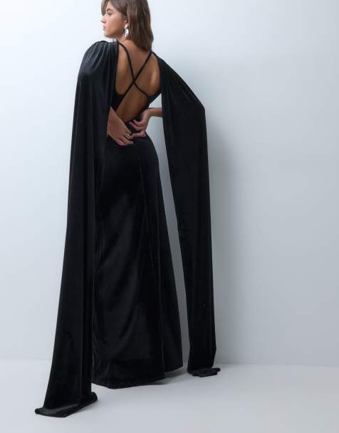 ASOS DESIGN vestido largo de terciopelo con detalle de pañuelo drapeado en negro - view 1
