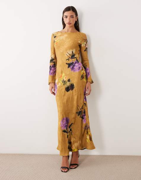 ASOS DESIGN vestido largo espalda descubierta con mangas acampanadas en jacquard estampado - view 1