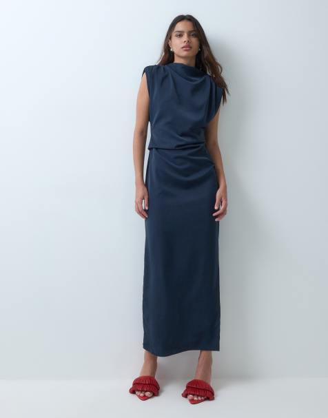 ASOS DESIGN vestido largo fluido con detalle fruncido en la cintura en azul marino - view 1