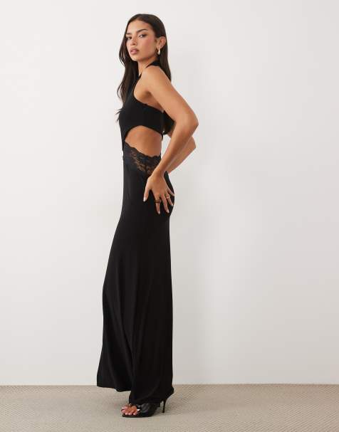 ASOS DESIGN - vestido largo halter con detalle de encaje y aberturas en negro - view 1