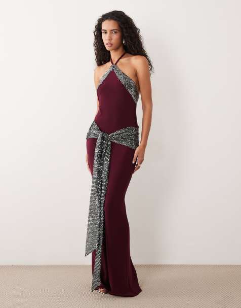 ASOS DESIGN vestido largo halter con fajín de lentejuelas en negro - view 1