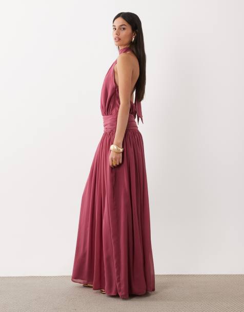 ASOS DESIGN - vestido largo halter de gasa con detalle de pañuelo en color frambuesa - view 1
