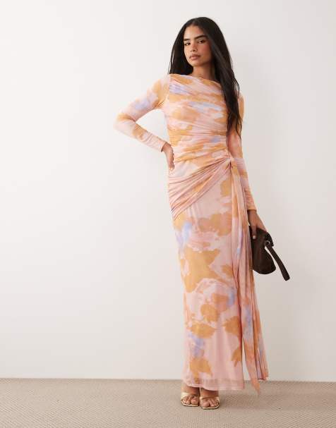 ASOS DESIGN - Vestido largo naranja de manga larga con estampado floral de malla - view 1