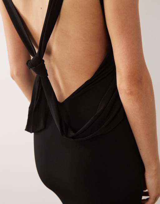 ASOS DESIGN - Vestido largo negro ceñido con detalle anudado drapeado en la espalda, 4 de 4