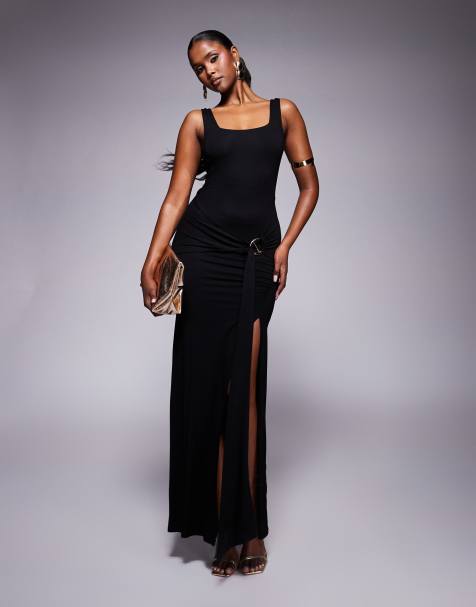 ASOS DESIGN - Vestido largo negro con cuello cuadrado, detalle de lazada en la cintura y herrajes - view 1