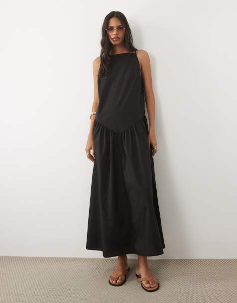 ASOS DESIGN - Vestido largo negro con cuello recto y cintura baja de popelina - view 1