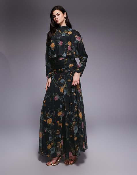 ASOS DESIGN - Vestido largo negro con estampado floral, paneles de godets y cintura fruncida de chifón - view 1
