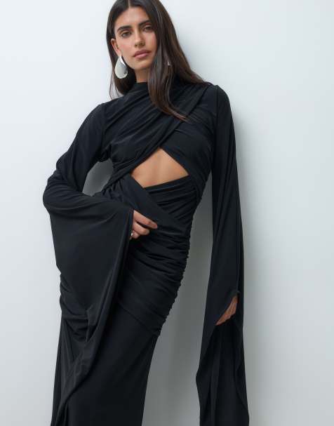ASOS DESIGN vestido largo negro con mangas voluminosas y cuello cruzado - view 1