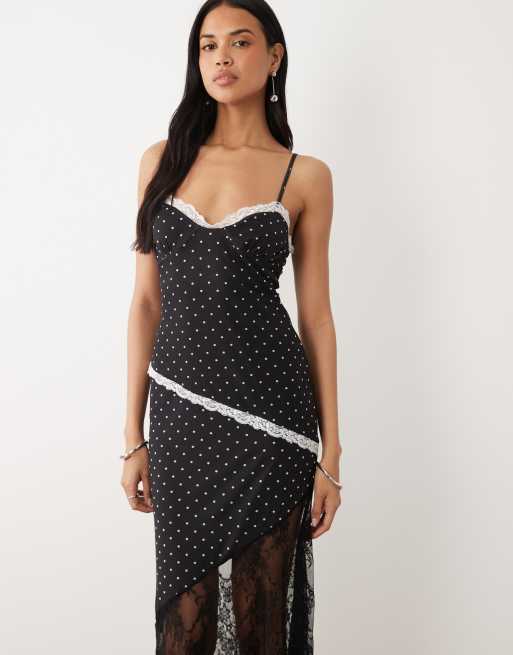 ASOS DESIGN - Vestido largo negro de malla con estampado de lunares y panel de encaje en el bajo, 2 de 4