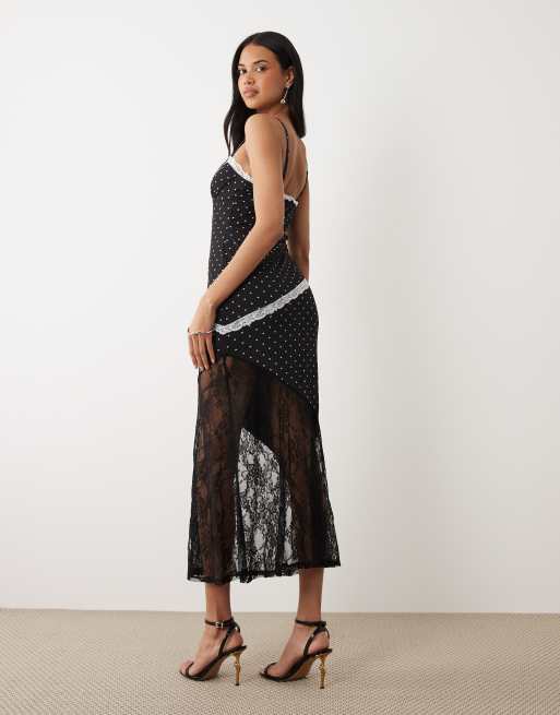 ASOS DESIGN - Vestido largo negro de malla con estampado de lunares y panel de encaje en el bajo, 4 de 4