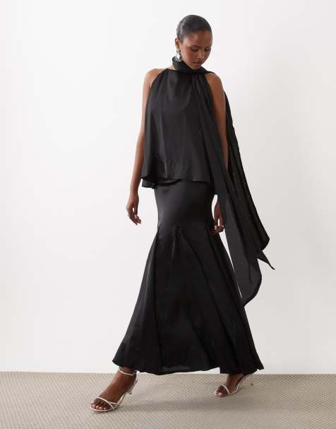 ASOS DESIGN - Vestido largo negro escalonado de tirantes con detalle de fular - view 1