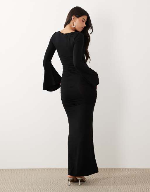 ASOS DESIGN - Vestido largo negro fruncido con mangas estilo cascada, 4 de 4