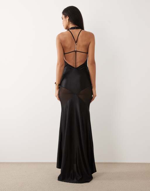 ASOS DESIGN - Vestido largo negro moldeador con diseño de tiras en la espalda y panel de malla premium, 4 de 4