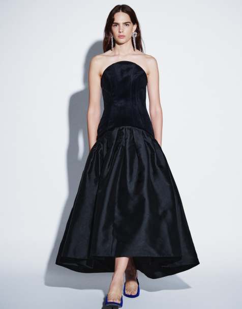 ASOS DESIGN vestido largo palabra de honor de terciopelo unido con falda amplia de satén en negro - view 1