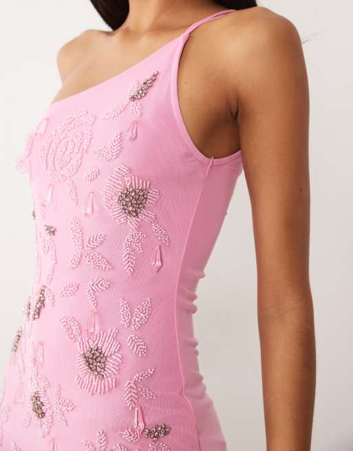 ASOS DESIGN - Vestido largo rosa asimétrico con abalorios, 3 de 4