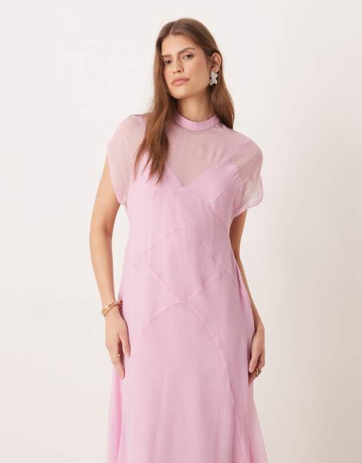 ASOS DESIGN - Vestido largo rosa azucarado con cuello subido y bajo de picos de chifón, 4 de 4