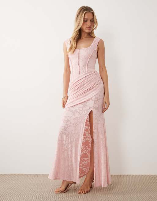 ASOS DESIGN - Vestido largo rosa con detalle drapeado en la cintura de devoré, 2 de 4